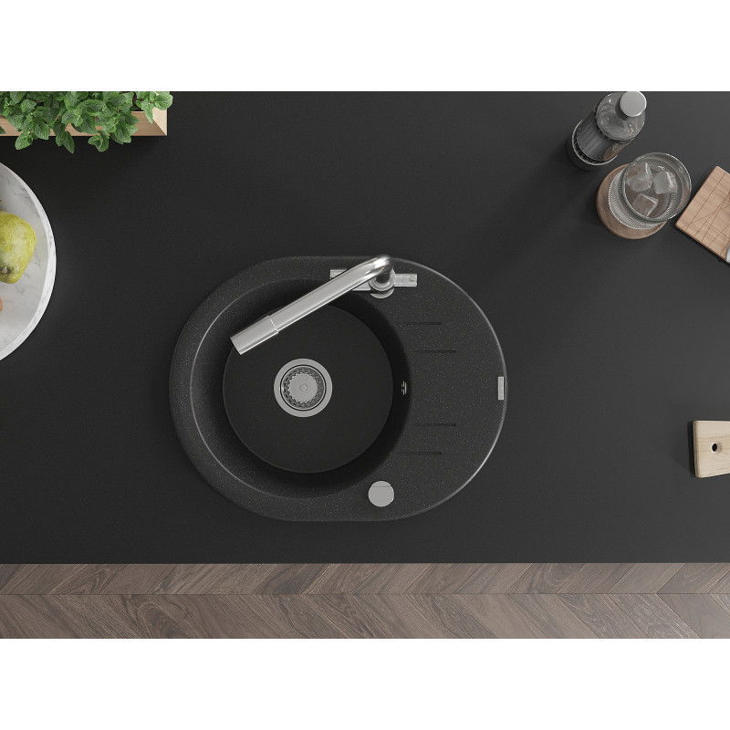 Mexen Kevin zlewozmywak granitowy 1-komorowy z ociekaczem i baterią kuchenną Duero, czarny/srebrny metalik - 6517-73-671600-00