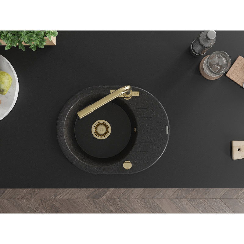 Mexen Kevin zlewozmywak granitowy 1-komorowy z ociekaczem i baterią kuchenną Duero, czarny/srebrny metalik - 6517-73-671600-50