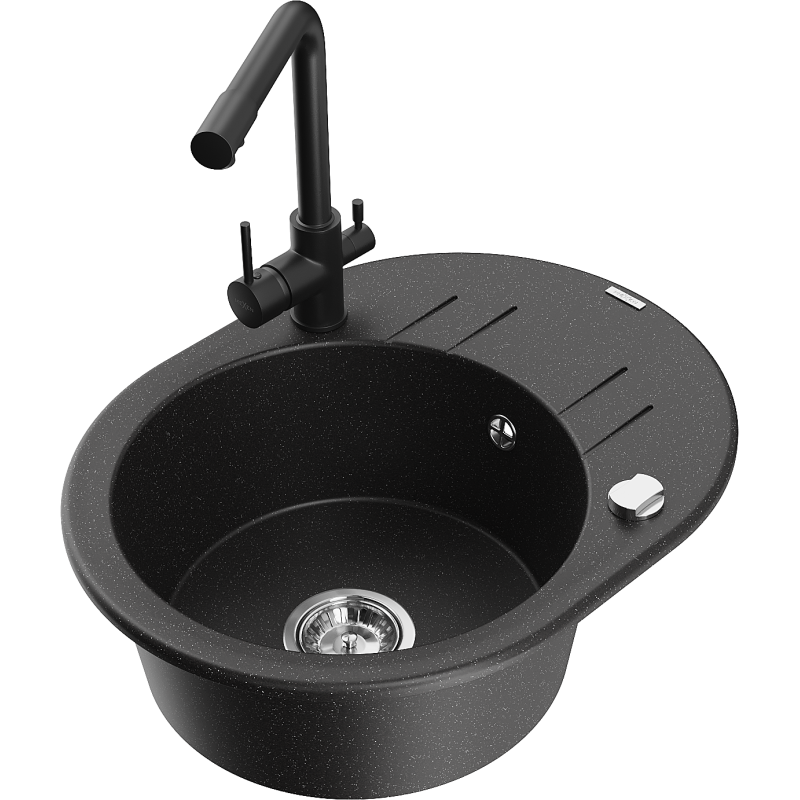 Mexen Kevin zlewozmywak granitowy 1-komorowy z ociekaczem i baterią kuchenną Duero, czarny/srebrny metalik - 6517-73-671600-70