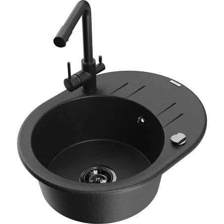 Mexen Kevin zlewozmywak granitowy 1-komorowy z ociekaczem i baterią kuchenną Duero, czarny/srebrny metalik - 6517-73-671600-70-B