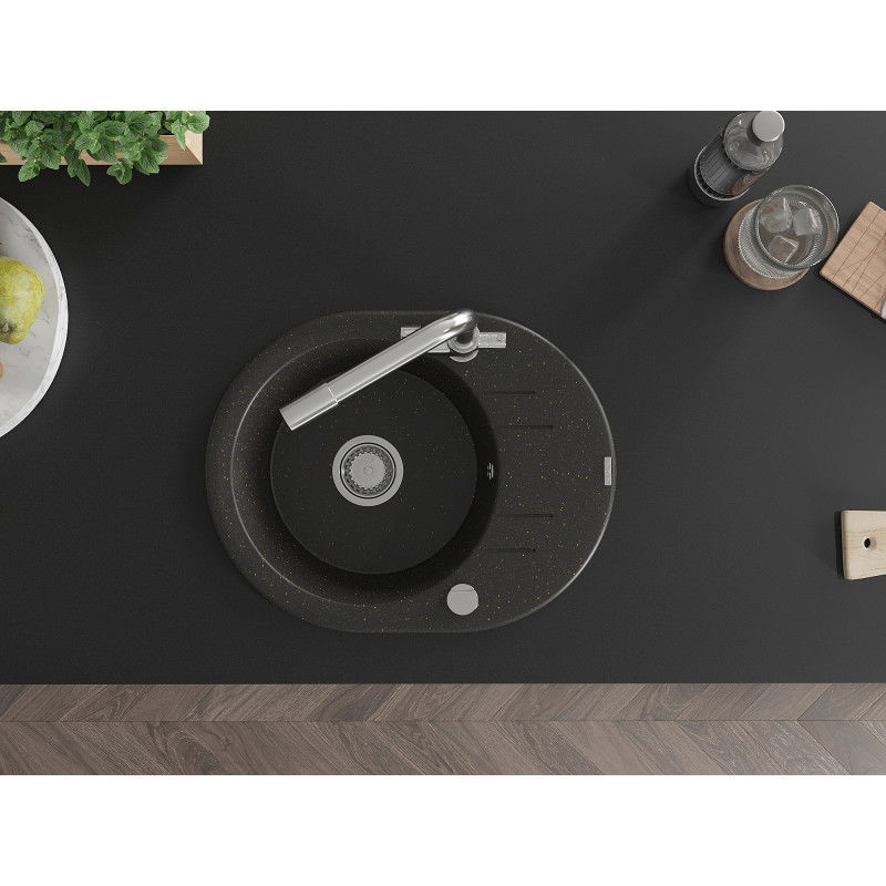 Mexen Kevin zlewozmywak granitowy 1-komorowy z ociekaczem i baterią kuchenną Duero, czarny/złoty metalik - 6517-75-671600-00