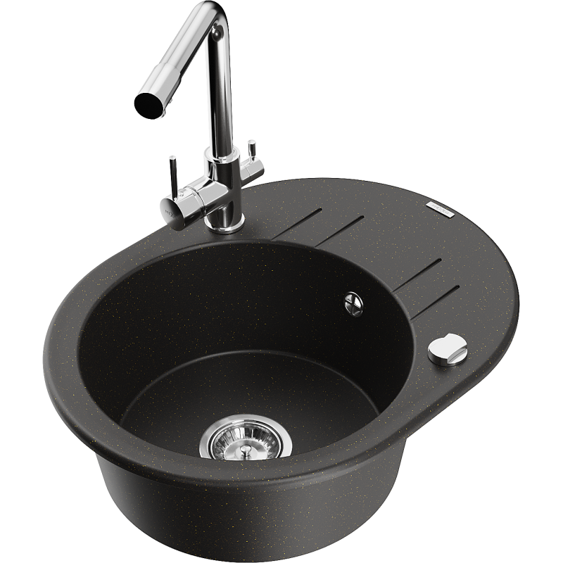 Mexen Kevin zlewozmywak granitowy 1-komorowy z ociekaczem i baterią kuchenną Duero, czarny/złoty metalik - 6517-75-671600-00