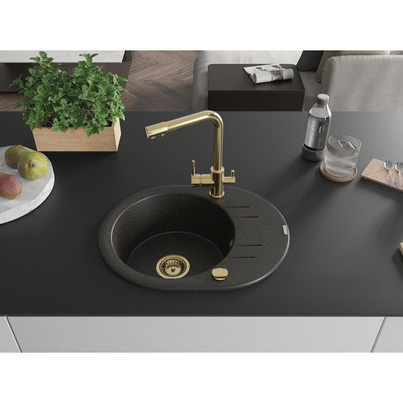 Mexen Kevin zlewozmywak granitowy 1-komorowy z ociekaczem i baterią kuchenną Duero, czarny/złoty metalik - 6517-75-671600-50