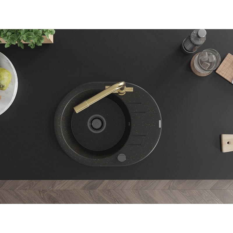 Mexen Kevin zlewozmywak granitowy 1-komorowy z ociekaczem i baterią kuchenną Duero, czarny/złoty metalik - 6517-75-671600-50-B