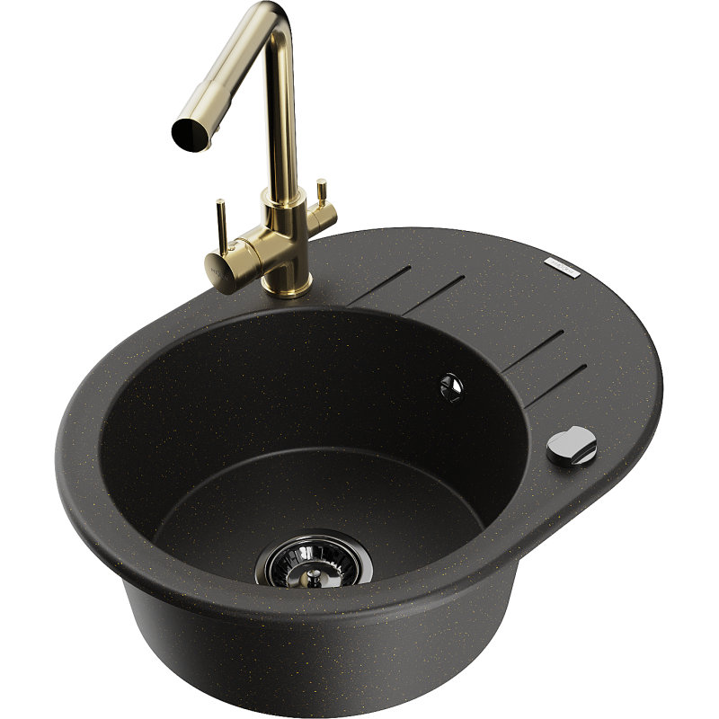 Mexen Kevin zlewozmywak granitowy 1-komorowy z ociekaczem i baterią kuchenną Duero, czarny/złoty metalik - 6517-75-671600-50-B