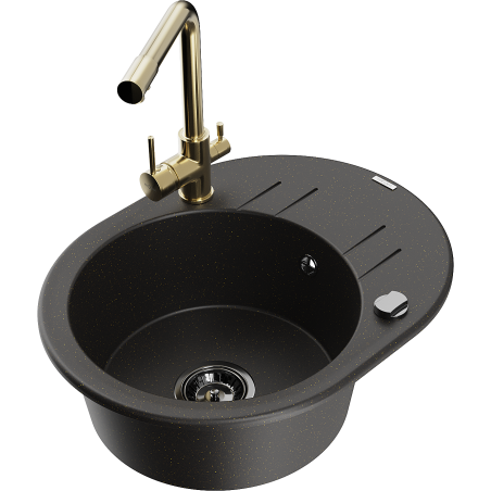 Mexen Kevin zlewozmywak granitowy 1-komorowy z ociekaczem i baterią kuchenną Duero, czarny/złoty metalik - 6517-75-671600-50-B