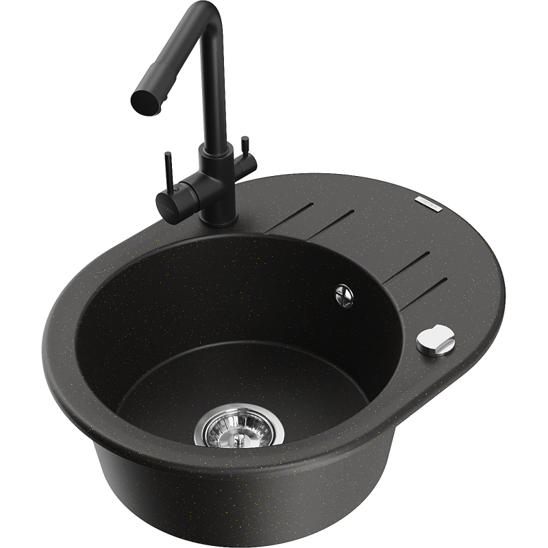 Mexen Kevin zlewozmywak granitowy 1-komorowy z ociekaczem i baterią kuchenną Duero, czarny/złoty metalik - 6517-75-671600-70