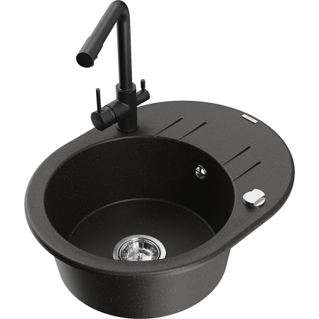 Mexen Kevin zlewozmywak granitowy 1-komorowy z ociekaczem i baterią kuchenną Duero, czarny/złoty metalik - 6517-75-671600-70