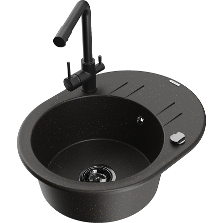 Mexen Kevin zlewozmywak granitowy 1-komorowy z ociekaczem i baterią kuchenną Duero, czarny/złoty metalik - 6517-75-671600-70-B