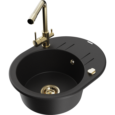 Mexen Kevin zlewozmywak granitowy 1-komorowy z ociekaczem i baterią kuchenną Duero, czarny - 6517-77-671600-50