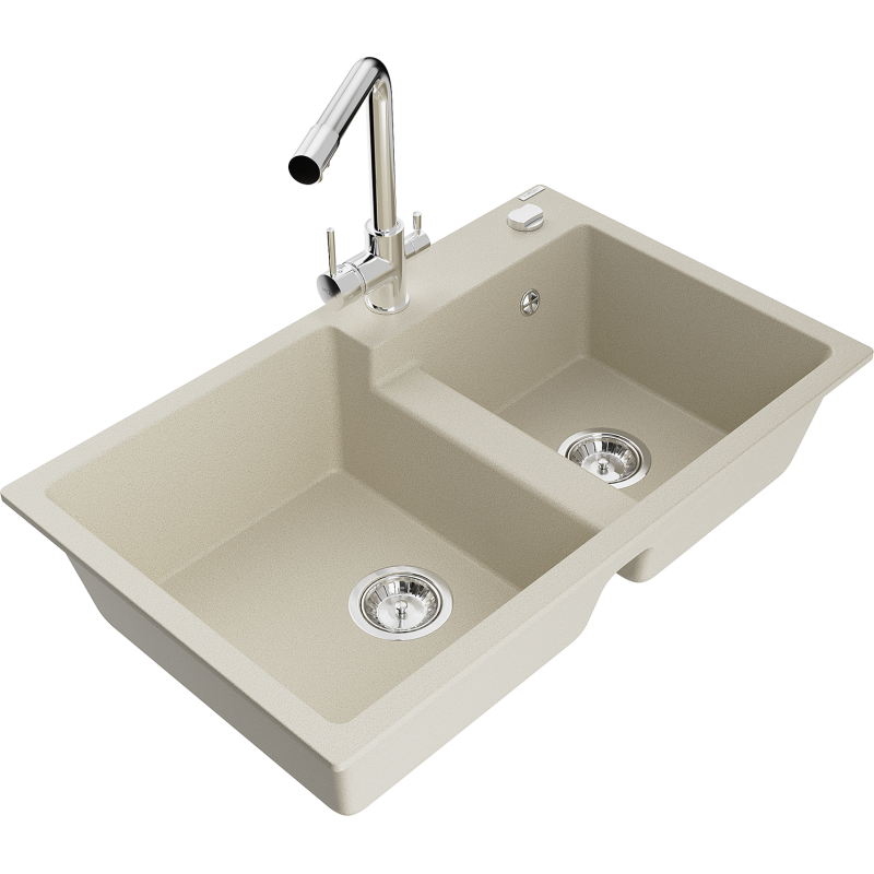 Mexen Tomas zlewozmywak granitowy 2-komorowy z baterią kuchenną Duero, beżowy - 6516-69-671600-00