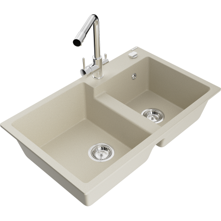 Mexen Tomas zlewozmywak granitowy 2-komorowy z baterią kuchenną Duero, beżowy - 6516-69-671600-00