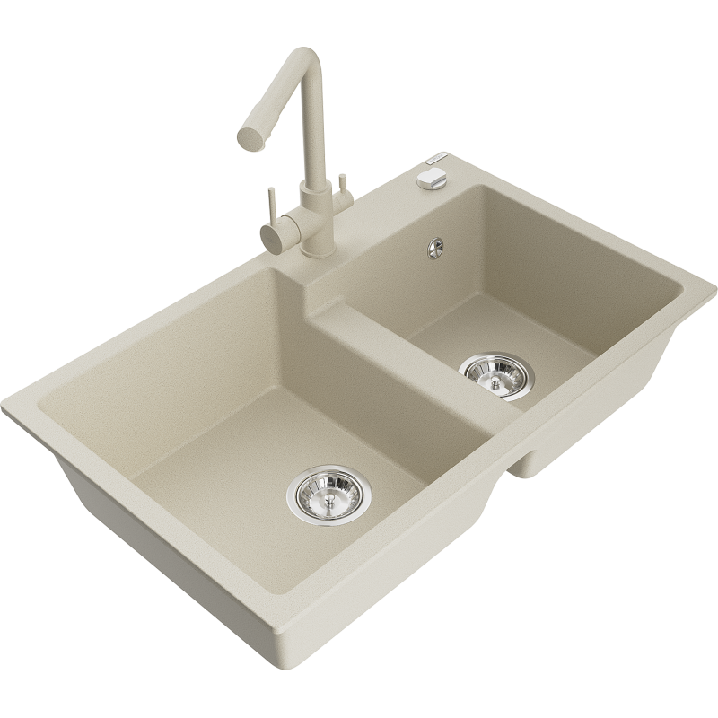 Mexen Tomas zlewozmywak granitowy 2-komorowy z baterią kuchenną Duero, beżowy - 6516-69-671600-69