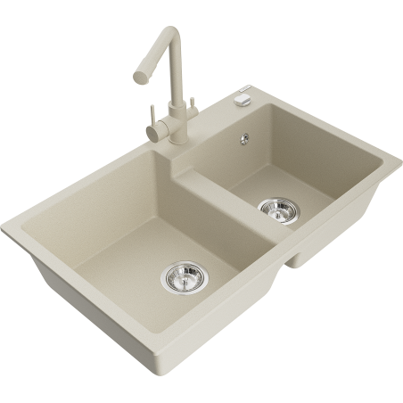 Mexen Tomas zlewozmywak granitowy 2-komorowy z baterią kuchenną Duero, beżowy - 6516-69-671600-69