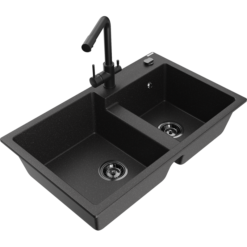 Mexen Tomas zlewozmywak granitowy 2-komorowy z baterią kuchenną Duero, czarny/srebrny metalik - 6516-73-671600-70-B