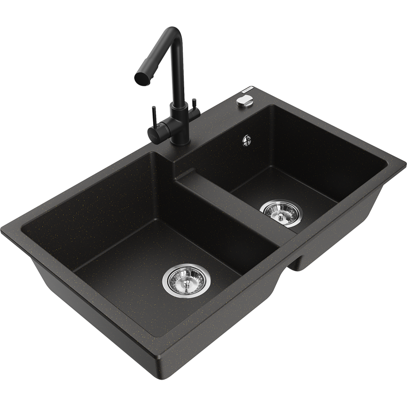 Mexen Tomas zlewozmywak granitowy 2-komorowy z baterią kuchenną Duero, czarny/złoty metalik - 6516-75-671600-70