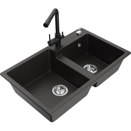 Mexen Tomas zlewozmywak granitowy 2-komorowy z baterią kuchenną Duero, czarny/złoty metalik - 6516-75-671600-70