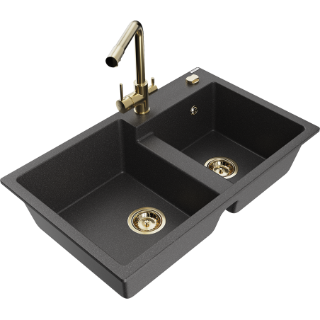Mexen Tomas zlewozmywak granitowy 2-komorowy z baterią kuchenną Duero, czarny nakrapiany - 6516-76-671600-50
