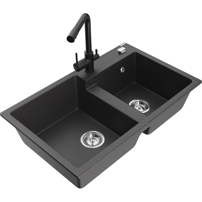 Mexen Tomas zlewozmywak granitowy 2-komorowy z baterią kuchenną Duero, czarny nakrapiany - 6516-76-671600-70
