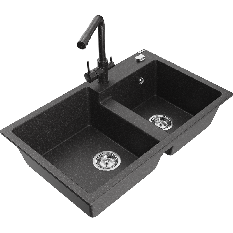 Mexen Tomas zlewozmywak granitowy 2-komorowy z baterią kuchenną Duero, czarny nakrapiany - 6516-76-671600-76