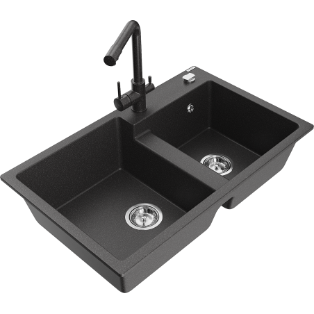 Mexen Tomas zlewozmywak granitowy 2-komorowy z baterią kuchenną Duero, czarny nakrapiany - 6516-76-671600-76