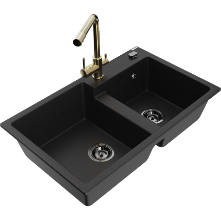 Mexen Tomas zlewozmywak granitowy 2-komorowy z baterią kuchenną Duero, czarny - 6516-77-671600-50-B