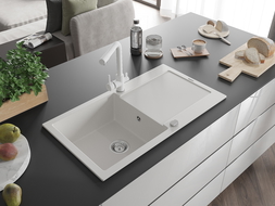 Mexen Leo zlewozmywak granitowy 1-komorowy z ociekaczem i baterią kuchenną Duero, biały - 6501-20-671600-20