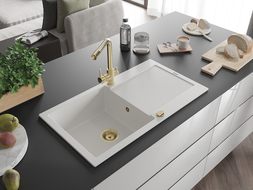 Mexen Leo zlewozmywak granitowy 1-komorowy z ociekaczem i baterią kuchenną Duero, biały - 6501-20-671600-50