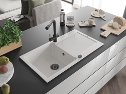 Mexen Leo zlewozmywak granitowy 1-komorowy z ociekaczem i baterią kuchenną Duero, biały - 6501-20-671600-70