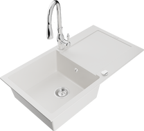 Mexen Leo zlewozmywak granitowy 1-komorowy z ociekaczem i baterią kuchenną Savita, biały - 6501-20-672601-00