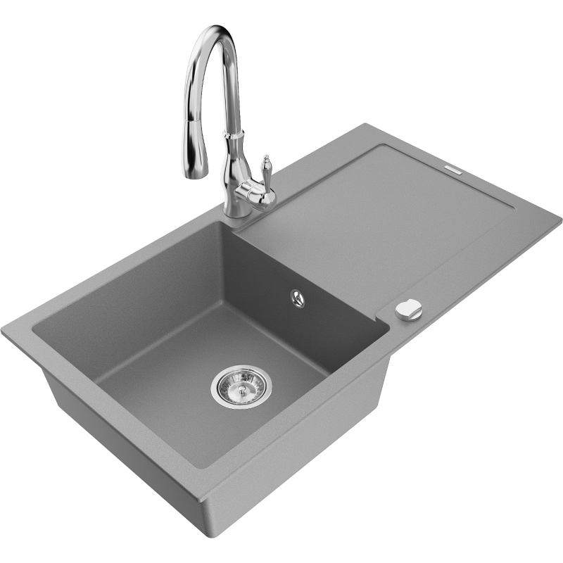 Mexen Leo zlewozmywak granitowy 1-komorowy z ociekaczem i baterią kuchenną Savita, szary - 6501-71-672601-00