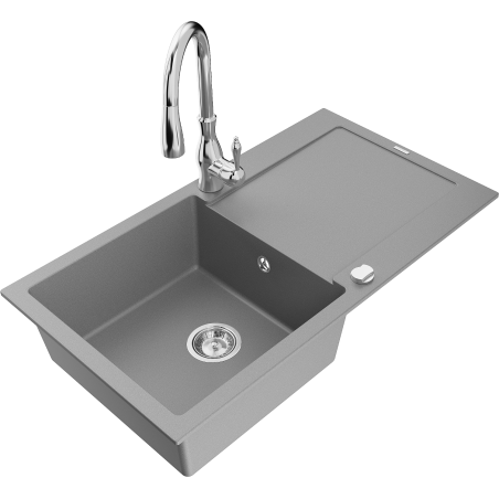 Mexen Leo zlewozmywak granitowy 1-komorowy z ociekaczem i baterią kuchenną Savita, szary - 6501-71-672601-00