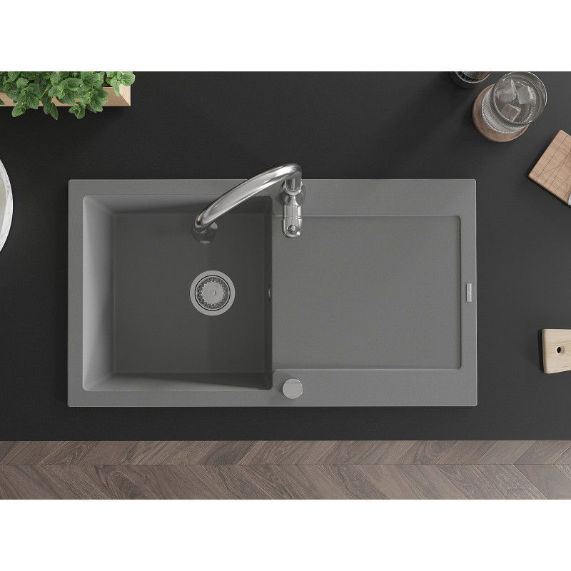 Mexen Leo zlewozmywak granitowy 1-komorowy z ociekaczem i baterią kuchenną Savita, szary - 6501-71-672601-00