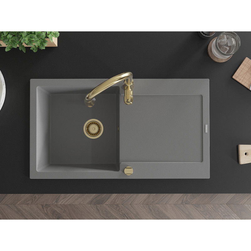 Mexen Leo zlewozmywak granitowy 1-komorowy z ociekaczem i baterią kuchenną Savita, szary - 6501-71-672601-50