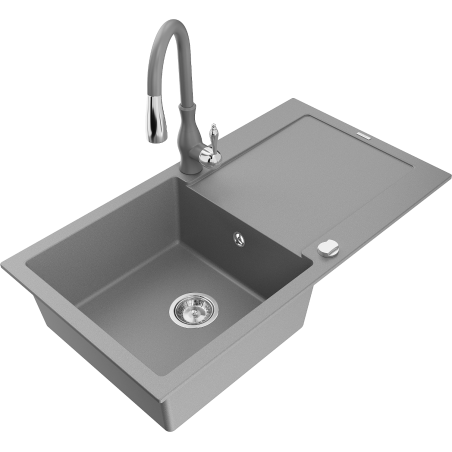 Mexen Leo zlewozmywak granitowy 1-komorowy z ociekaczem i baterią kuchenną Savita, szary - 6501-71-672601-71