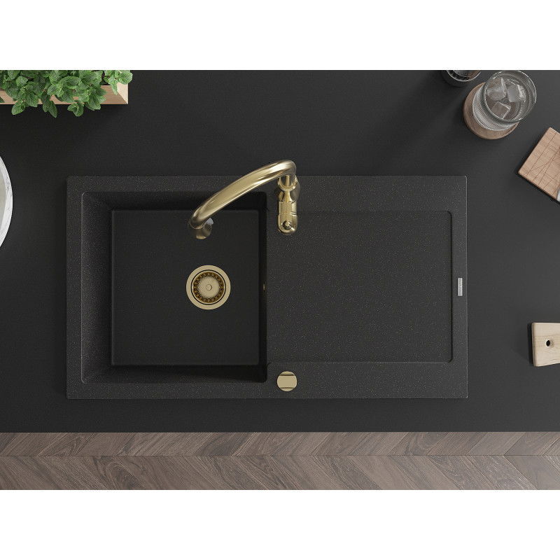 Mexen Leo zlewozmywak granitowy 1-komorowy z ociekaczem i baterią kuchenną Savita, czarny/srebrny metalik - 6501-73-672601-50