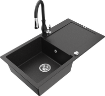 Mexen Leo zlewozmywak granitowy 1-komorowy z ociekaczem i baterią kuchenną Savita, czarny/srebrny metalik - 6501-73-672601-70