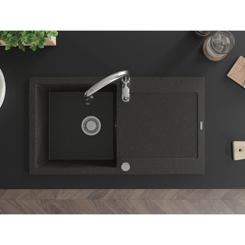 Mexen Leo zlewozmywak granitowy 1-komorowy z ociekaczem i baterią kuchenną Savita, czarny/złoty metalik - 6501-75-672601-00