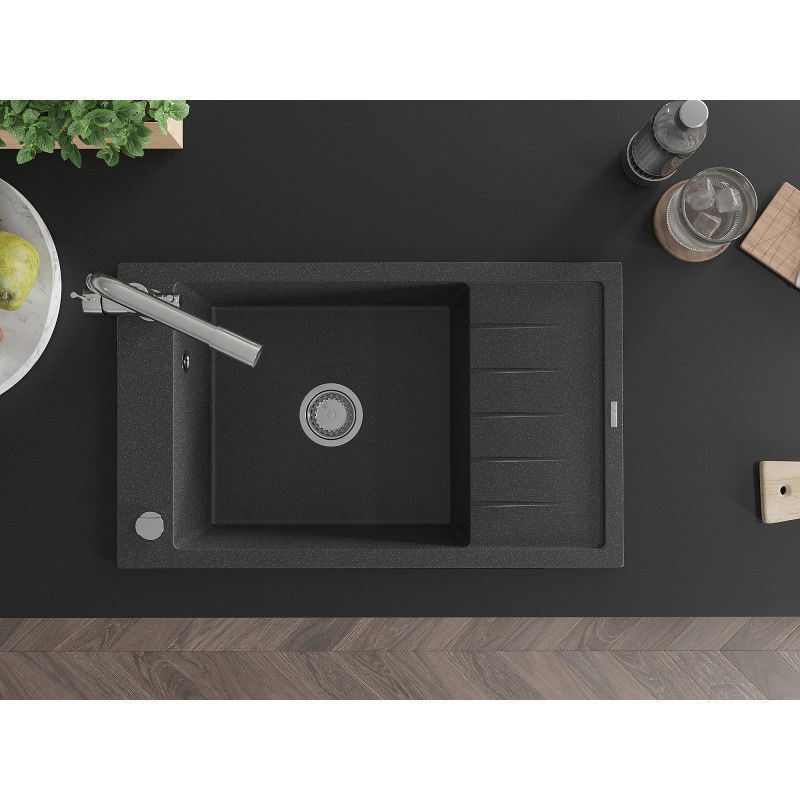 Mexen Elias zlewozmywak granitowy 1-komorowy z ociekaczem i baterią kuchenną Duero, czarny nakrapiany - 6511-76-671600-00