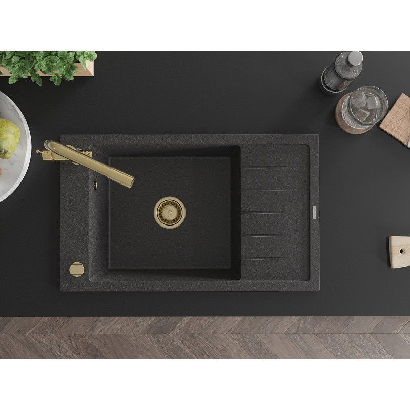 Mexen Elias zlewozmywak granitowy 1-komorowy z ociekaczem i baterią kuchenną Duero, czarny nakrapiany - 6511-76-671600-50
