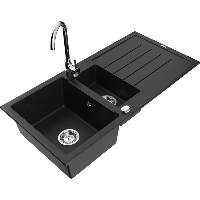 Mexen Andres zlewozmywak granitowy 1,5-komorowy z ociekaczem i baterią kuchenną Telma, czarny - 6515-77-670200-00
