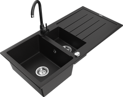Mexen Andres zlewozmywak granitowy 1,5-komorowy z ociekaczem i baterią kuchenną Telma, czarny - 6515-77-670200-70