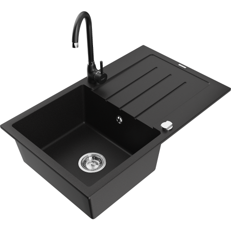 Mexen Bruno zlewozmywak granitowy 1-komorowy z ociekaczem i baterią kuchenną Telma, czarny - 6513-77-670200-70