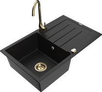 Mexen Bruno zlewozmywak granitowy 1-komorowy z ociekaczem i baterią kuchenną Telma, czarny - 6513-77-670200-50