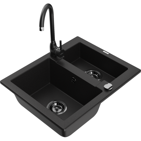 Mexen Carlos zlewozmywak granitowy 1,5-komorowy z baterią kuchenną Telma, czarny - 6518-77-670200-70-B