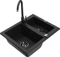 Mexen Carlos zlewozmywak granitowy 1,5-komorowy z baterią kuchenną Telma, czarny - 6518-77-670200-70-B