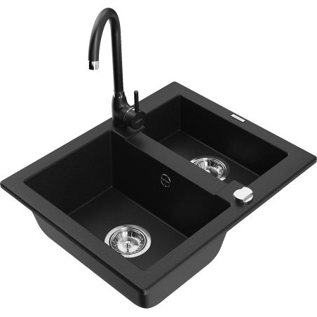 Mexen Carlos zlewozmywak granitowy 1,5-komorowy z baterią kuchenną Telma, czarny - 6518-77-670200-70