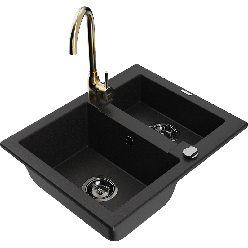 Mexen Carlos zlewozmywak granitowy 1,5-komorowy z baterią kuchenną Telma, czarny - 6518-77-670200-50-B