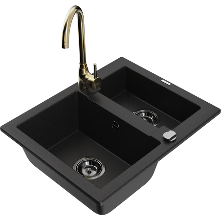 Mexen Carlos zlewozmywak granitowy 1,5-komorowy z baterią kuchenną Telma, czarny - 6518-77-670200-50-B