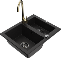 Mexen Carlos zlewozmywak granitowy 1,5-komorowy z baterią kuchenną Telma, czarny - 6518-77-670200-50-B